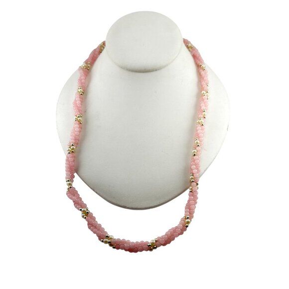 Pink Beaded Twisted Necklace with Gold Tone Accents Handmade Jewelry - Picture 2 of 7